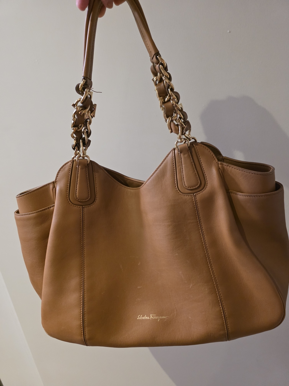 Salvatore Ferragamo Caramel Leather Chain-Detail Shoulder Tote